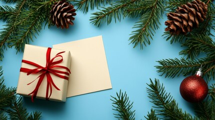 top view of blank Christmas card and small Christmas gift box decoration.