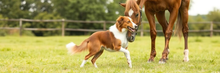Red border collie dog playing with a beautiful chestnut horse in a green pasture, dog, chestnut