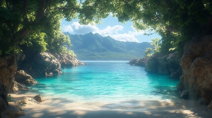 A tranquil beach cove with clear turquoise water, framed by lush tropical foliage and distant mountains.