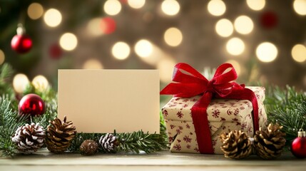 view of blank Christmas card and small Christmas gift box decoration.