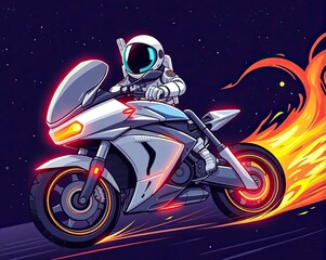 Fototapeta premium Cartoon illustration of space astronaut riding on motorcycle bike