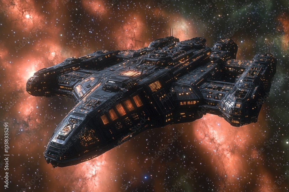 Poster a futuristic spaceship navigating through a colorful cosmic background.