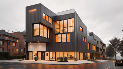 어두운 톤의 외벽의 건물 디자인 조감도.
