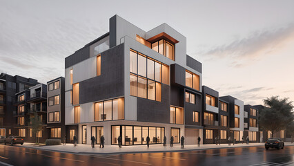 어두운 톤의 외벽의 건물 디자인 조감도.
