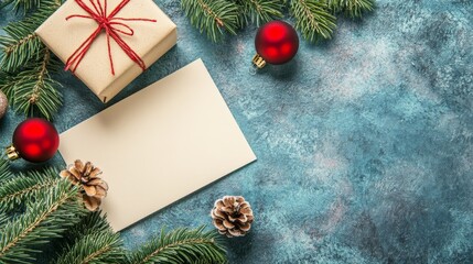 top view of blank Christmas card and small Christmas gift box decoration.