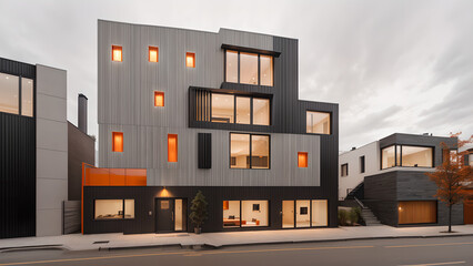 어두운 톤의 외벽의 건물 디자인 조감도.
