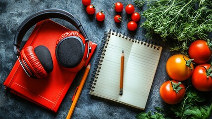 A flat lay of a red notebook, headphones, a pencil, a notebook and fresh tomatoes and parsley on a grey background.