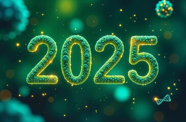 The figures of 2025, hovering on a green background with a DNA chain and green molecules, symbolizing a holiday in the field of science.