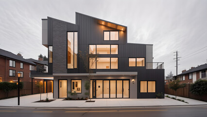어두운 톤의 외벽의 건물 디자인 조감도.
