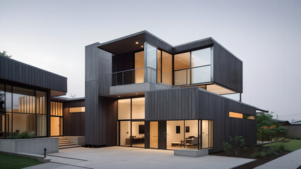 어두운 톤의 외벽의 건물 디자인 조감도.
