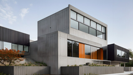 어두운 톤의 외벽의 건물 디자인 조감도.
