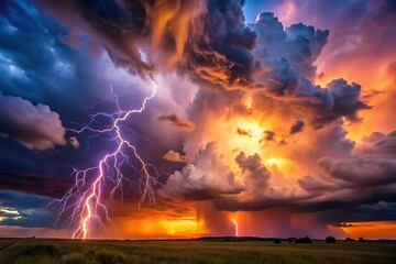 Dramatic clouds with lightning illuminating the sky at sunset, lightning bolt, sunset sky, dynamic composition, dark grey clouds