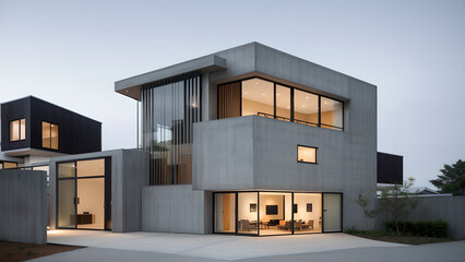 어두운 톤의 외벽의 건물 디자인 조감도.
