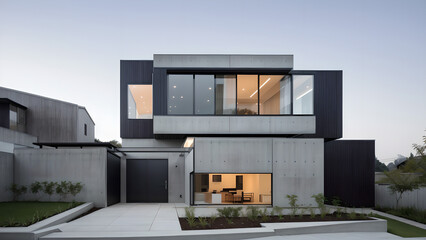 어두운 톤의 외벽의 건물 디자인 조감도.
