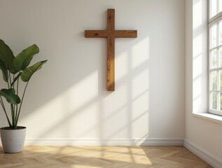 Naklejka premium A simple wooden cross hung on the wall of a room 
