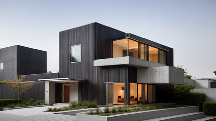 어두운 톤의 외벽의 건물 디자인 조감도.
