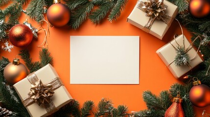 top view of blank Christmas card and small Christmas gift box decoration.