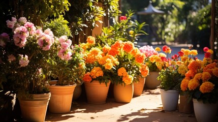 Colorful flowers in pots basking in warm sunlight, arranged on a patio in a serene outdoor garden setting


