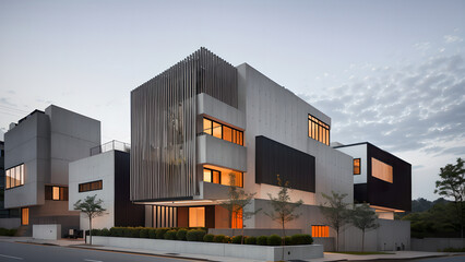 어두운 톤의 외벽의 건물 디자인 조감도.
