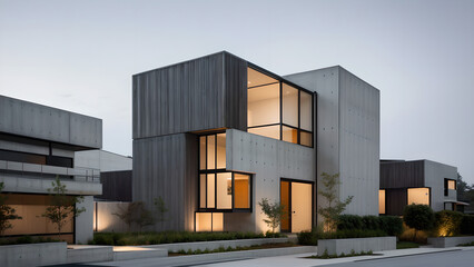 어두운 톤의 외벽의 건물 디자인 조감도.
