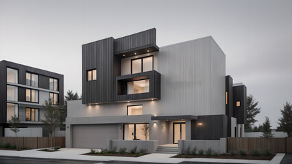 어두운 톤의 외벽의 건물 디자인 조감도.
