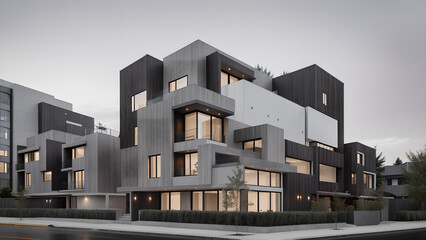 어두운 톤의 외벽의 건물 디자인 조감도.
