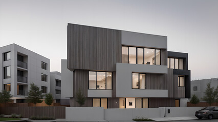 어두운 톤의 외벽의 건물 디자인 조감도.
