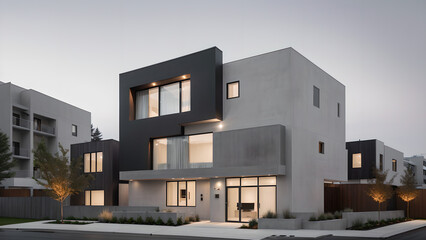 어두운 톤의 외벽의 건물 디자인 조감도.
