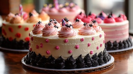 A display of beautifully decorated cakes with various toppings.