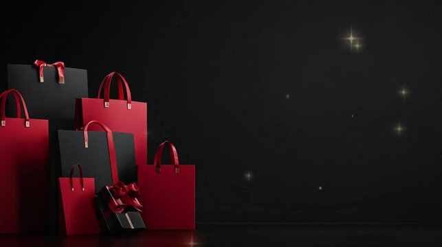 Red and black paper bag for black friday campaign concept advertisement end of year sale video footage copy space.