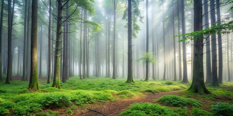 Obraz premium Silvery mist rises from a serene forest floor, veiled in a soft gray fog, outdoors, serene environment, woodland scenery, peaceful ambiance, natural world