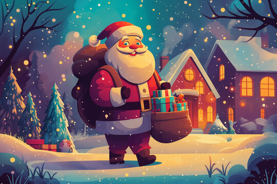 Festive illustration of a happy Santa Claus, carrying his huge bag of gifts, is walking next to the Christmas tree in front of an old wooden house.

