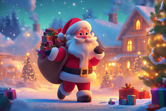 Festive illustration of a happy Santa Claus, carrying his huge bag of gifts, is walking next to the Christmas tree in front of an old wooden house.

