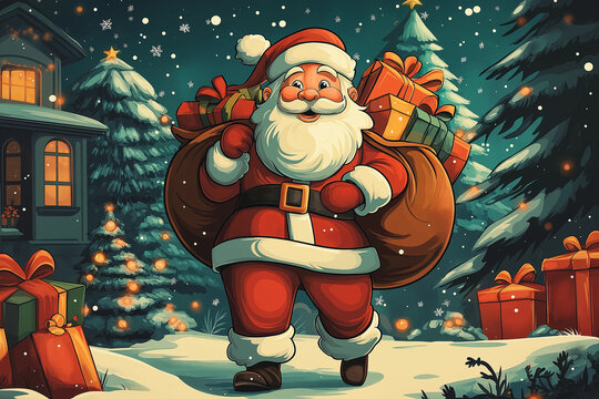 Festive illustration of a happy Santa Claus, carrying his huge bag of gifts, is walking next to the Christmas tree in front of an old wooden house.

