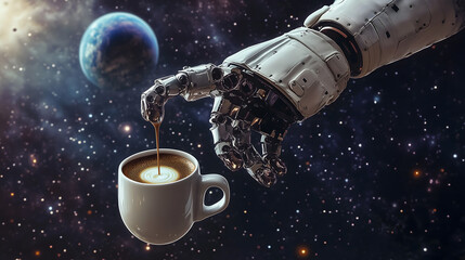 Naklejka premium Robot hand holding, pouring coffee into a cup, space background
