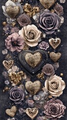 Fototapeta premium A decorative arrangement of roses and hearts in soft colors, ideal for romantic themes.