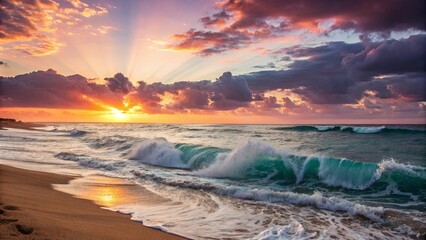 Fototapeta premium A golden sunset paints the sky with hues of pink and purple, casting long shadows over the crashing waves, where the ocean meets the sandy shore.