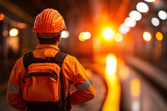 Worker in safety gear observing train station with glowing lights.