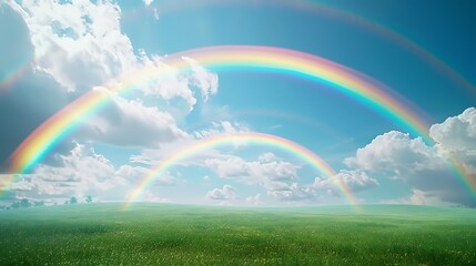 Naklejka premium A vivid double rainbow curving over a green field, contrasting beautifully against a partly cloudy sky.