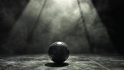 A black and white photo of a soccer ball sitting on a concrete floor illuminated by spotlights