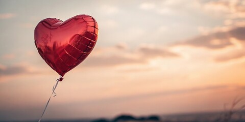 Fototapeta premium A single red heart-shaped balloon floating in a pastel sky, a symbol of hope and love, against a backdrop of soft, hazy clouds, representing the vastness of dreams and aspirations.