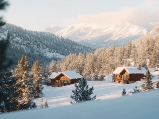 Fototapeta premium Snow-covered log cabins amidst pine forest in tranquil mountain landscape