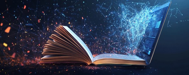 Open book morphing into a laptop screen, seamless transition between paper and digital, knowledge and innovation, modern elearning concept