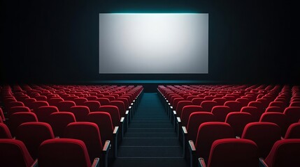 Cinema with a large glowing screen, rows of unoccupied red seats, dark theater ambiance, blank screen projecting light, cinematic anticipation