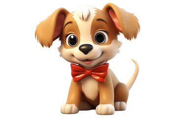 Naklejka premium Cute brown puppy character with red bow tie, smiling happily with big eyes and playful expression, perfect for festive themes or children content, PNG cutout transparent background.