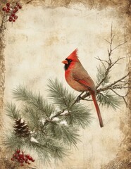 Cardinal resting on pine branch with snowy vintage holiday background
