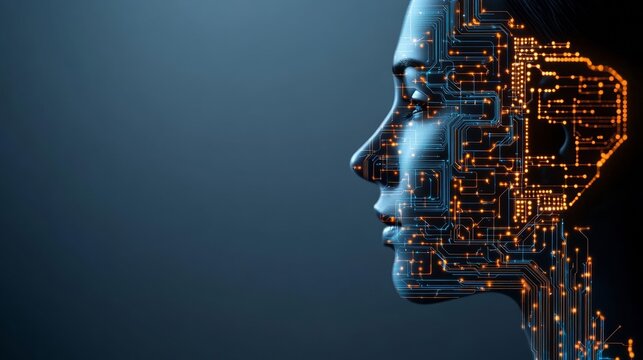 Digital human profile made of glowing circuits, blending with a real human face, artificial intelligence, data processing, and innovation concept