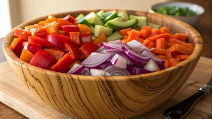 A wooden bowl filled with diced bell peppers, cucumbers, carrots, and red onion ready for salad preparation
