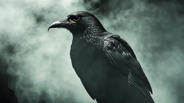A black crow stands in front of a misty background