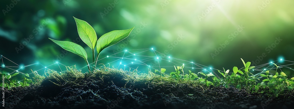 Poster green shoots growing in soil with a network of glowing lines connecting them.